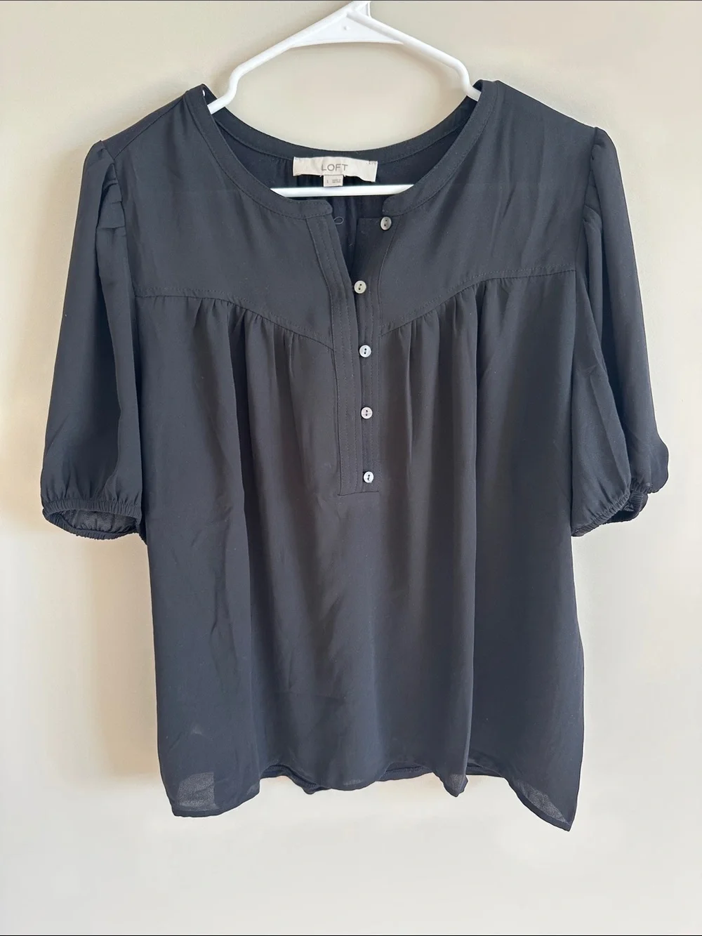 LOFT Black Short Puff Sleeve Henley Blouse with Knit Back